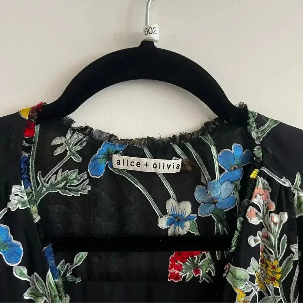 602* Alice + Olivia Pauline Floral Print Ruffle Tunic Mini Dress Size Small - Picture 5 of 9
